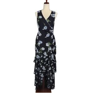 INC International Concepts Tiered Maxi Dress Hi-Low Black Floral Women's Size 4